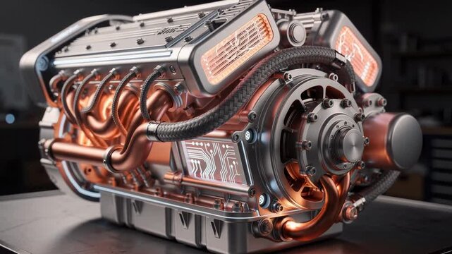 Futuristic high tech engine with glowing circuit patterns and sleek copper design for advanced technology concept