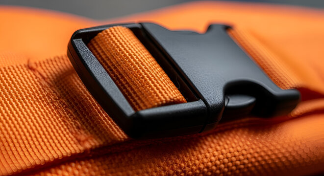 Close up of an orange backpack strap with a black plastic buckle.