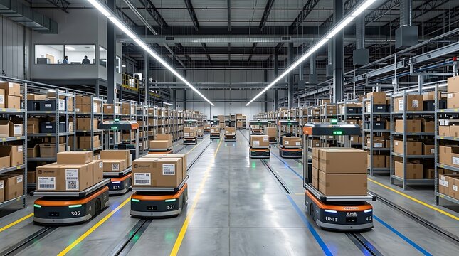 Automated Warehouse with Autonomous Delivery Robots and Shelving Units