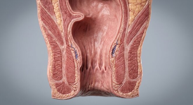 Close-up of anatomical cross-section of the anal canal, highly detailed