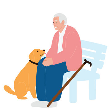 Senior Man Sitting on Park Bench with Loyal Dog and Walking Cane