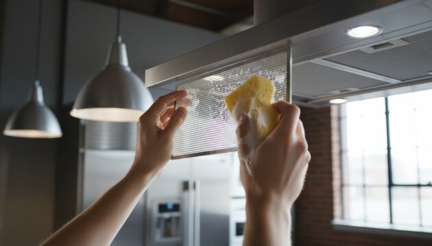 Detailed hands in yellow gloves are scrubbing a stainless steel range hood filter