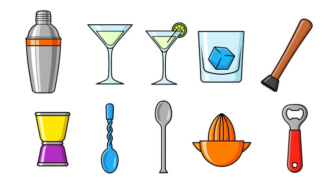 Cocktail bar tools and drinkware.