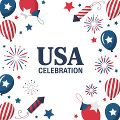 Obraz premium USA celebration with balloons stars and fireworks on white background