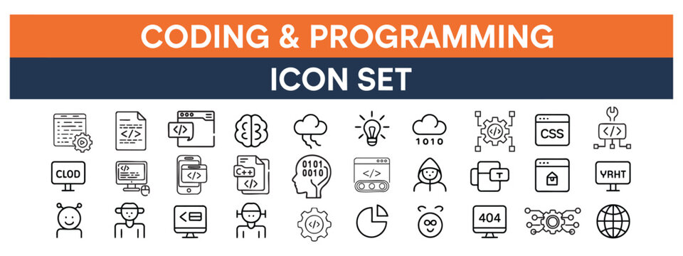 Coding icons show programming symbols and computer elements collection.