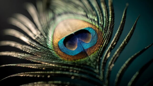 Close up view of a peacock feather gently swaying with iridescent colors shimmering in natural light