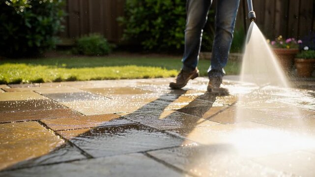 Person power washing stone patio on sunny day with water spraying forcefully for outdoor cleaning