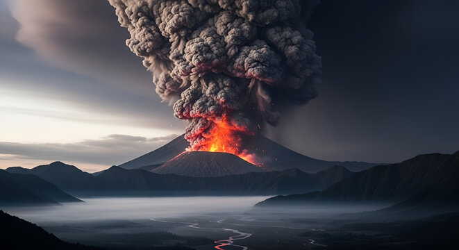 Volcano Eruption Spewing Ash and Lava Under Dramatic Sky.