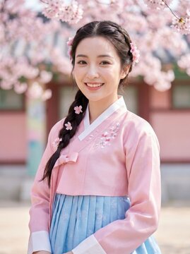 Photorealistic portrait of smiling Korean woman wearing traditional hanbok with braided hair standing amidst blooming cherry blossoms under soft cinematic daylight in this ethereal shot

