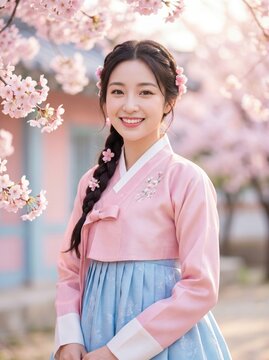 Photorealistic portrait of smiling Korean woman wearing traditional hanbok with braided hair standing amidst blooming cherry blossoms under soft cinematic daylight in this ethereal shot

