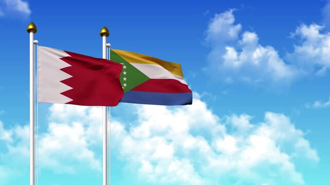 Waving flags of BAHRAIN and COMOROS on pole included with alpha