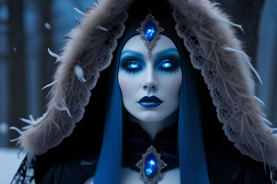 Mystical ice witch with glowing blue eyes in a snowy forest, dark fantasy lunar queen portrait