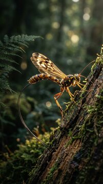 Giant Ichneumon Wasp Megarhyssa with long ovipositor on mossy tree bark