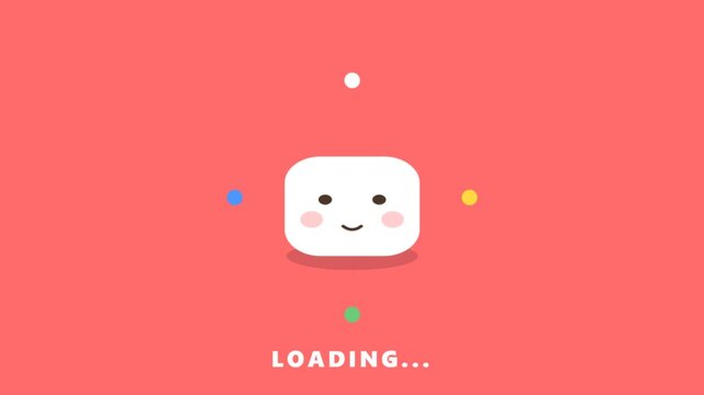 Animated loading screen with cute square character and orbiting dots