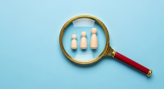 Magnifying glass focuses on three wooden figures representing investigation and detailed examination