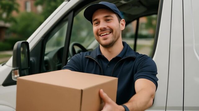 Smiling courier handing a cardboard package to a female customer who pays a generous tip using a smartphone with a contactless payment app, showcasing excellent and fast delivery service