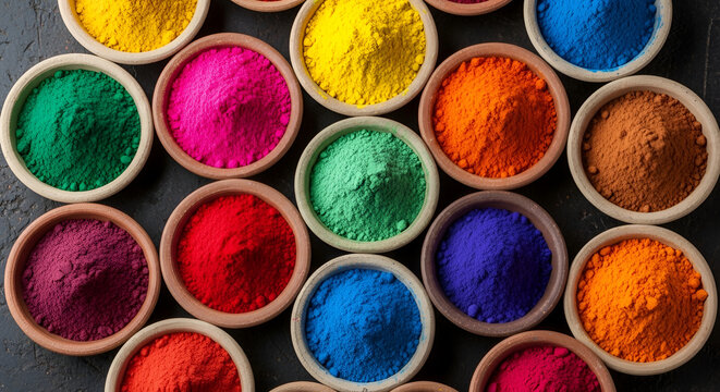Vibrant Holi Colors Powder in Small Bowls Overhead View.