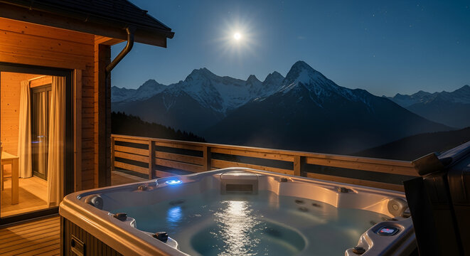 Luxury Hot Tub on Balcony Overlooking Moonlit Mountain Range.