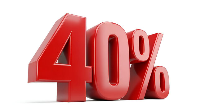 Red 3D Rendered 40 Percent Symbol Isolated on White Background.