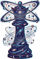 Offset color vector illustration white background chess queen cosmic orbit system dual planetary rings symbolic intelligence power abstract space concept design © ArtFlex