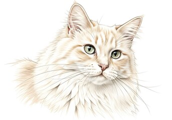 Fototapeta premium Realistic pencil drawing of a long-haired cat, feline portrait in charcoal and lead style, hand-painted animal art isolated on white