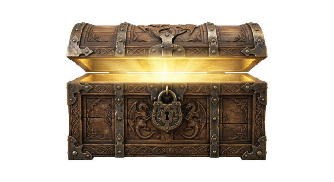 Ornate medieval wooden treasure chest with glowing light