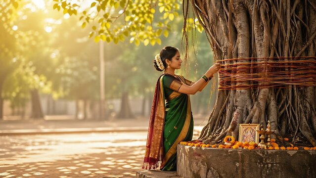 Indian women celebrating Vat Savitri Vrat, Vat Purnima (Pournima), Savitri Amavasya, Bargad Pooja, and the Banyan Tree Festival.