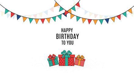 Obraz premium Happy birthday celebration banner featuring colorful bunting flags and three wrapped gift boxes at the bottom on a plain white background.
