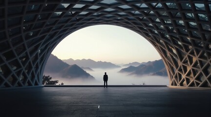 Fototapeta premium Man stands under modern geometric archway. He gazes at misty mountain range landscape. Futuristic architecture meets serene nature view. Calm sunrise or sunset light.