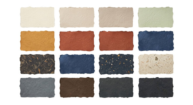 Assorted handmade paper texture samples with deckled edges