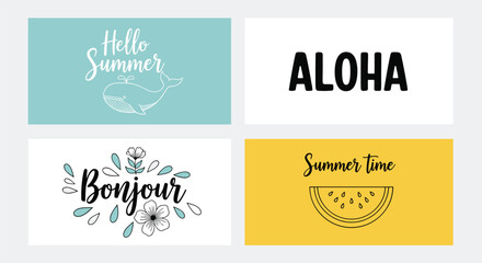 Obraz premium Four summer-themed greeting cards with illustrations of a whale, a watermelon slice, flowers, and text like aloha and bonjour for cards.