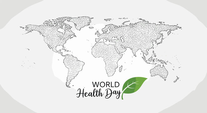 Minimalist World Health Day graphic featuring a world map in dots with a single green leaf for a clean and professional healthcare look.