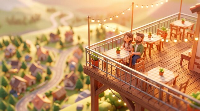 Cozy 3D illustration of a loving couple relaxing on a wooden terrace cafe at golden hour. Romantic date concept featuring a tilt-shift miniature effect over a scenic village valley landscape.