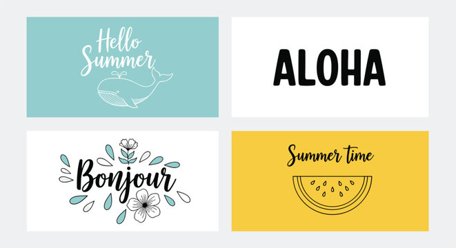 Four summer-themed greeting cards with illustrations of a whale, a watermelon slice, flowers, and text like aloha and bonjour for cards.