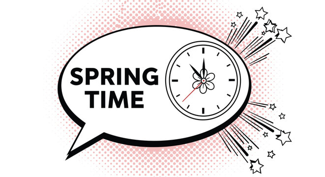Creative spring time concept showing a clock with a flower at the center inside a speech bubble with an explosive star background design.