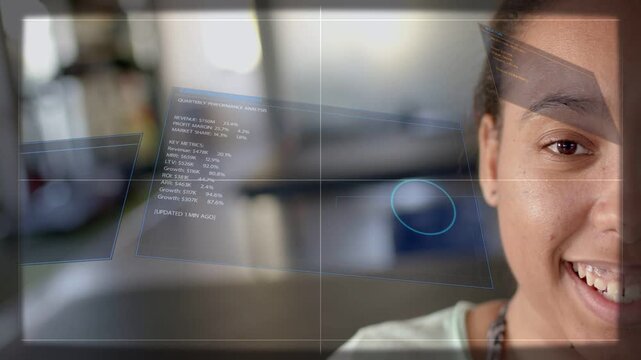 Woman reacting to hologram UI panels appearing, reviewing analytics as blue ring highlights metrics