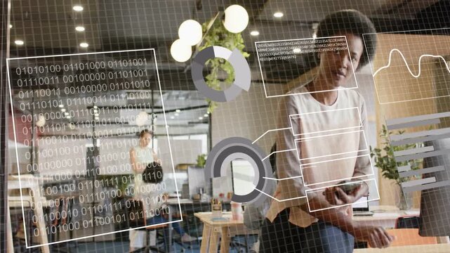 Woman leaning on desk holding phone, tapping phone and aligning AR data charts for data analysis