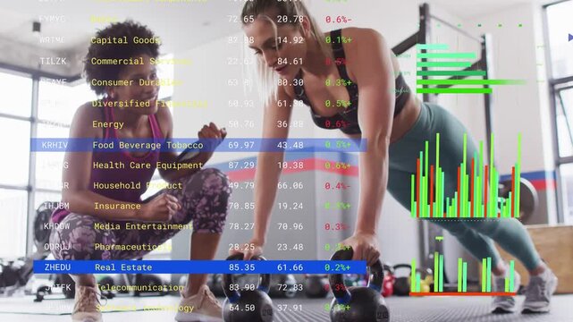 Coach tapping timer cueing trainee doing pushups on kettlebells, finance data animating for form