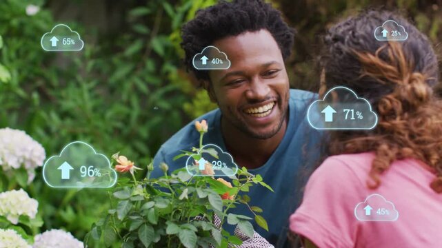Couple holding potted rose, tending plant, talking, leaning causing cloud HUD icons rising to 100%