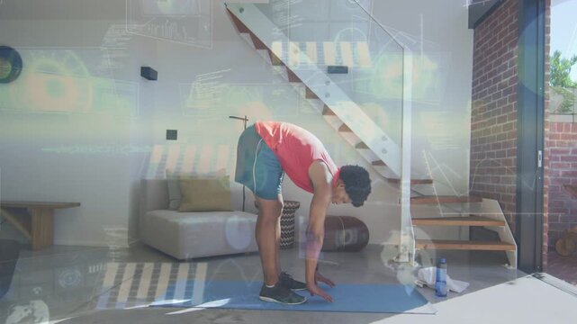 Man initiating hip hinge on blue mat in home fitness, animated lines guiding hamstring stretch