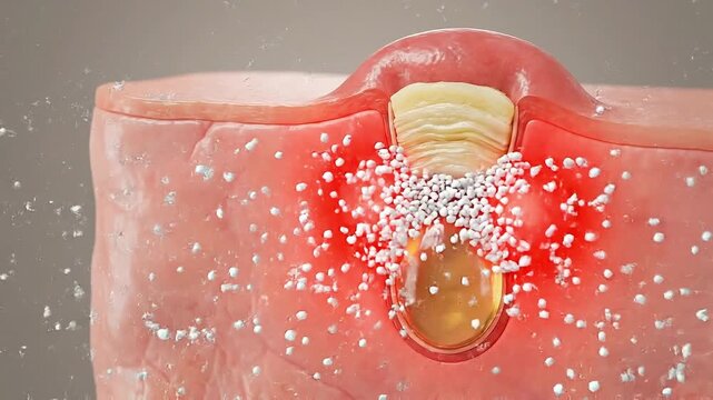 Acne inflammation under skin with blocked pores causing swelling redness pus infection detailed medical illustration showing skin condition and body response to irritation