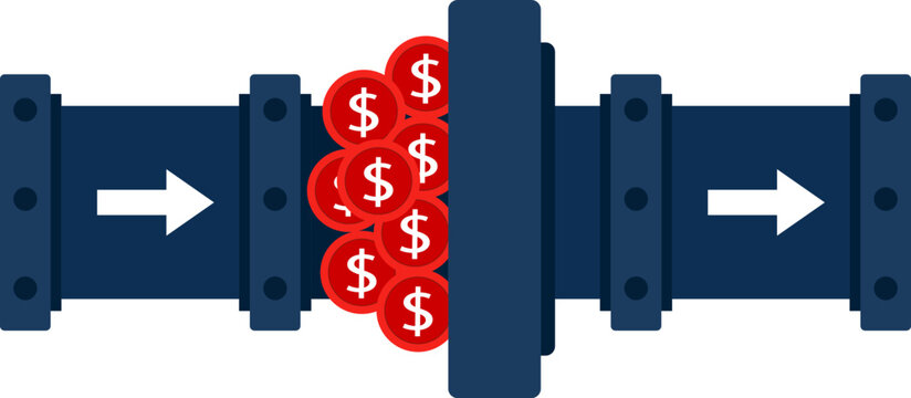 Cash flow blockage concept, financial bottleneck with pipeline and trapped money, liquidity problem and business constraint vector illustration