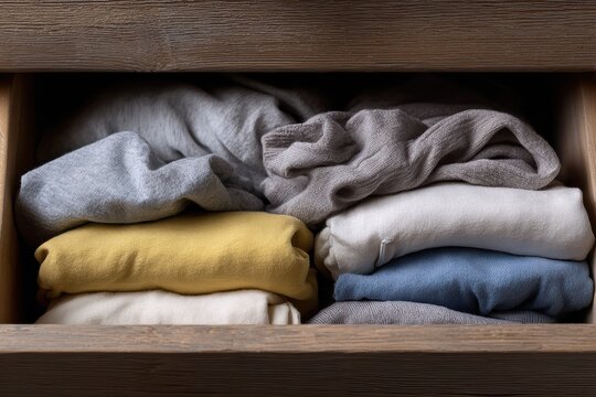 Messy dresser drawer overflowing with casual clothes, real-life clutter, home organization struggle, everyday lifestyle chaos
