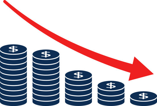 Revenue decline concept, decreasing profit with falling arrow and coin stacks, financial loss and business downturn vector illustration