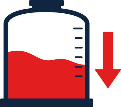 Declining inventory level concept, liquid storage tank with decreasing level and downward arrow, business shortage and supply reduction vector illustration