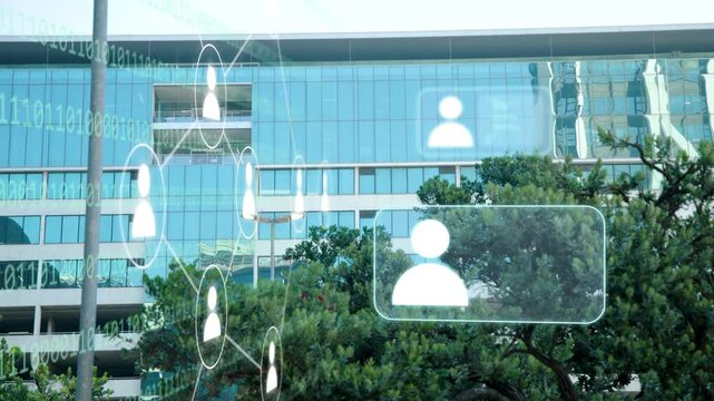 Left overlays appearing, network nodes fading, linking, pulsing, showing contacts over glass facade
