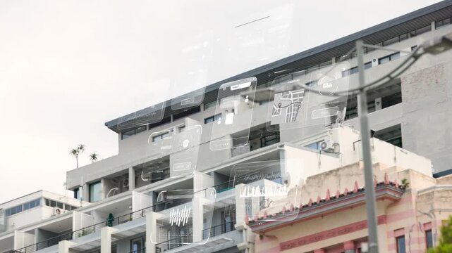 On play, transparent overlays appearing over facades, drifting upward to show urban data
