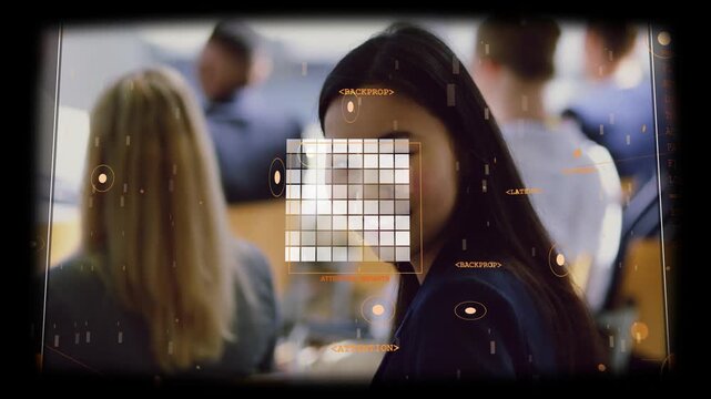 Woman turning head toward camera, HUD alignment shifting, pixel grid scanning face for classroom ID