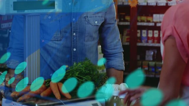 Woman placing carrots on scale starting teal dots and numbers as man adjusting market pricing