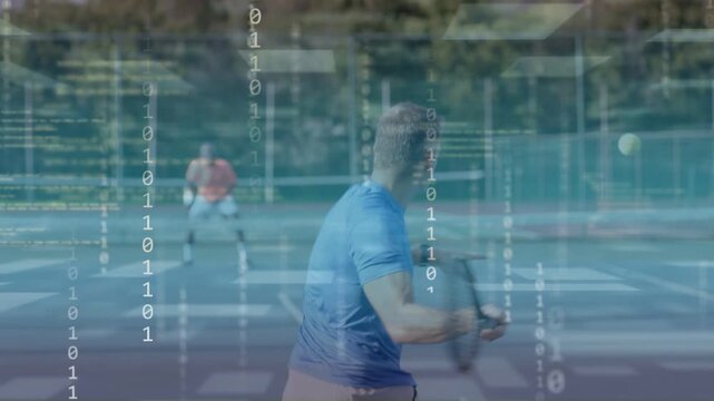 Pro player swinging forehand after opponent hitting shot sports HUD tracking racket path for return